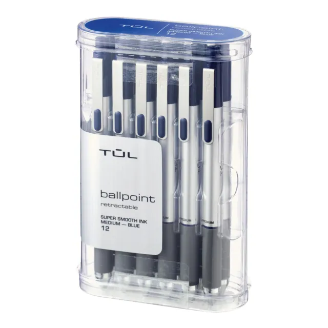 TUL BP3 Retractable Ballpoint Pens, Medium Point, Blue Ink/Silver Barrel, 12-Pk