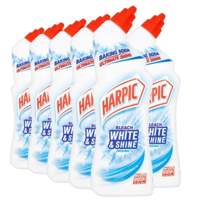 6 x Harpic Bleach White & Shine Toilet Cleaner 750ml Original With Baking Soda