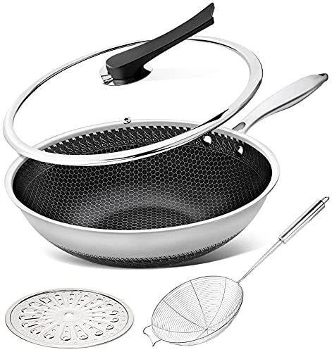 Sartén MICHELANGELO Wok con tapa acero inoxidable Woks de 12 pulgadas y sartén para freír...