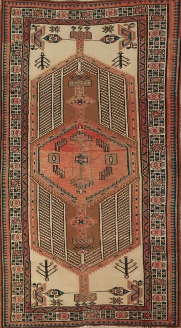 Vintage Tribal Geometric Ardebil Runner Rug 3x7 Wool Hand-knotted Nomadic Carpet