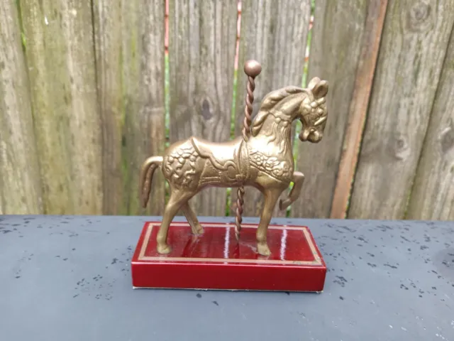 Vintage Solid Brass Carousel Horse on Wood Base Made in Korea