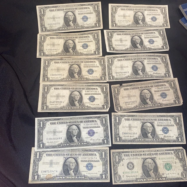 $1 ONE DOLLAR BILLS BLUE SEAL SILVER CERTIFICATES BARR 12 bill lot 1935e 1957