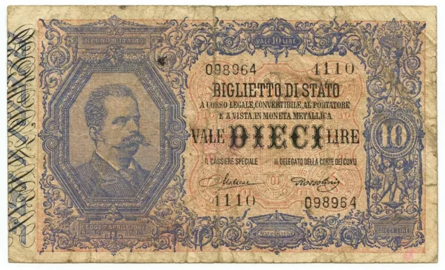 10 Lire Biglietto Di Stato Effige Umberto I 19/05/1923 Mb/Bb
