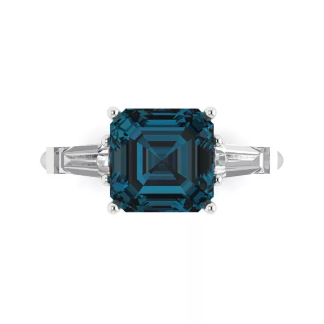 3.5 Asscher 3 stone London Blue Topaz Promise Bridal Wedding Ring 14k White Gold