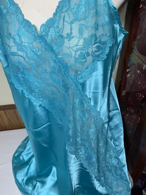 VINTAGE SATIN LACE Lingerie Nightgown Chemise Glossy Ocean Blue Aqua ...