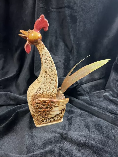 Rooster Ceramic Figurine, Fancy Metal Tail Large, Chicken Themed Decor 8" Tall