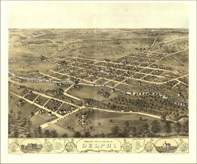 1868 DELPHI panoramic CARROLL INDIANA map GENEALOGY atlas  poster county IN 03