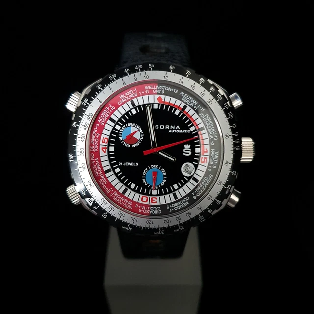 Montre Automatique Sorna Bullhead - Style Rétro, Boîtier 48 Mm, 21 Rubis, Bracelet Cuir Noir