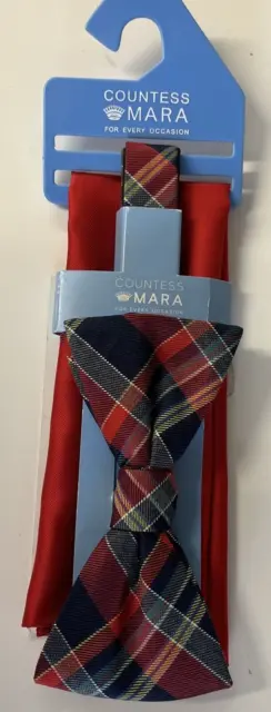 Countess Mara Men's easy Pre -Tied Bow Tie Adjustable Pocket Square Plaid Tie