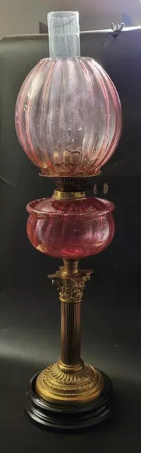 Large Victorian Oil Lamp, Brass Corinthian Column Cranberry Fount and Shade 71cm
