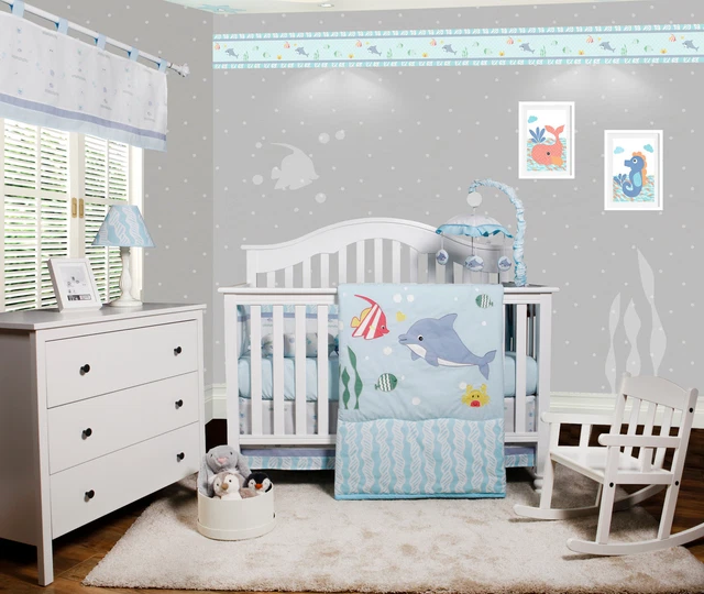 5 PCS Bumperless Sea Dolphin Baby Girl Boy Nursery Crib Bedding Sets OptimaBaby