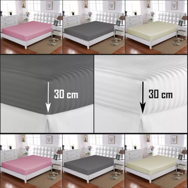 100% Cotton Satin Stripe Fitted Sheet Hotel Quality Double Bed Mattress Cover