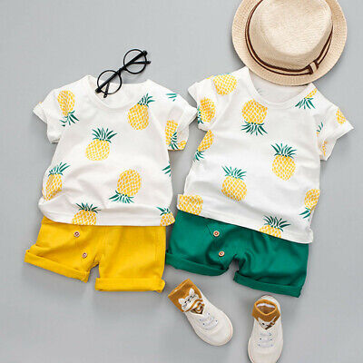 Toddler Baby Kid Boy Casual T-shirt Tops+Solid Color Shorts Outfit Set Pineapple