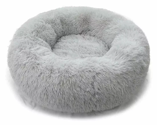 Pet Donut Bed Fluffy Comfy Calming Grey Round Medium Plush Dog & Cat Warm Bed