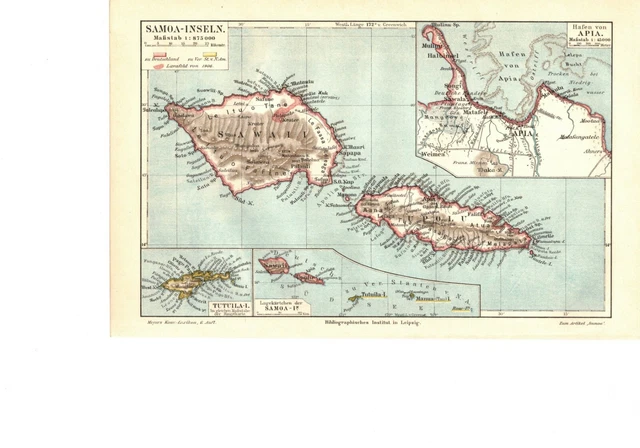 Samoa - Inseln, alte historische Landkarte, Lithographie um 1900 (Z85)