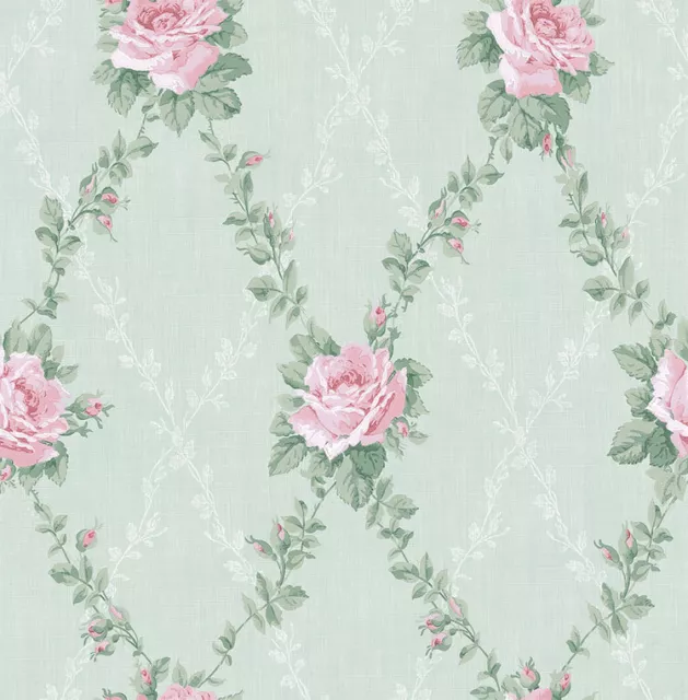 Wallpaper, System Solution, Blumenmuster, Vines, Linen Look, Mint Green, Pink,