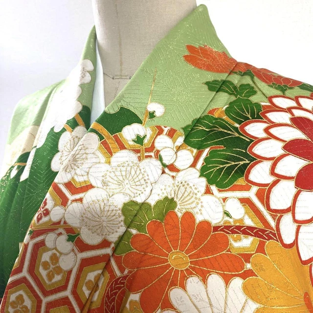 JAPANESE KIMONO FURISODE PURE SILK VINTAGE ANTIQUE 161.5cm 5'4" 77
