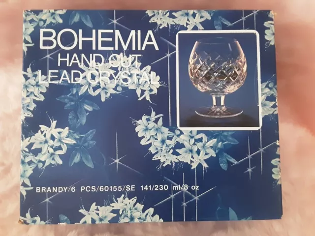 6 Vintage Bohemia Hand Cut Lead Crystal Brandy Glasses Brand New Still In Box