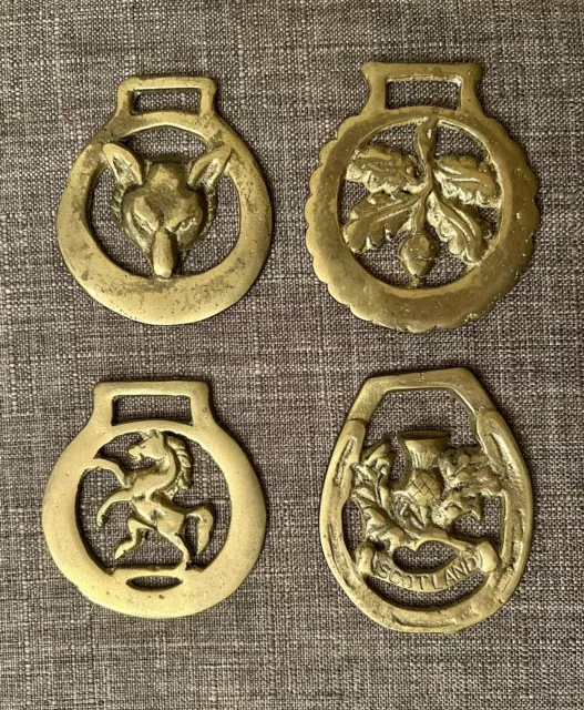 Vintage Brass Horse Medal Bridle Medallions Lot of 4 SCOTLAND WOLF HORSE LEAF