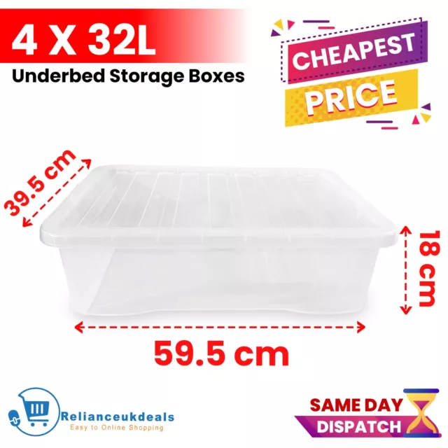 4 X 32L Clear Plastic Storage Boxes With Lids Home Office Large Stackable Box