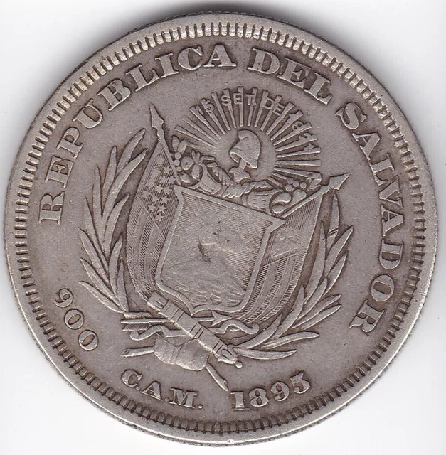 1893 El Salvador 1 Peso LARGE SILVER Coin - RARE - Cool Die Break