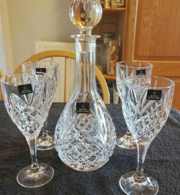 Set of 4 Wine Glasses and Decanter Royal Doulton Lead Crystal