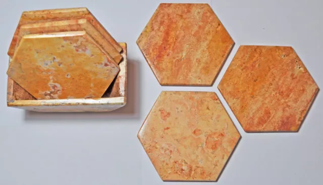 Hand Carved Light Red Travertine Hexagonal Coasters, 6 Piece Set With Holder