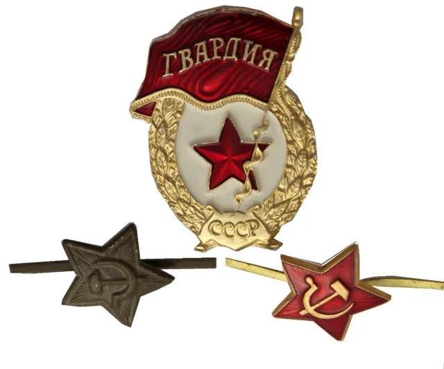 Original USSR Soviet Union Russian Military Soviet Guards Badge + 2 Cap Badges