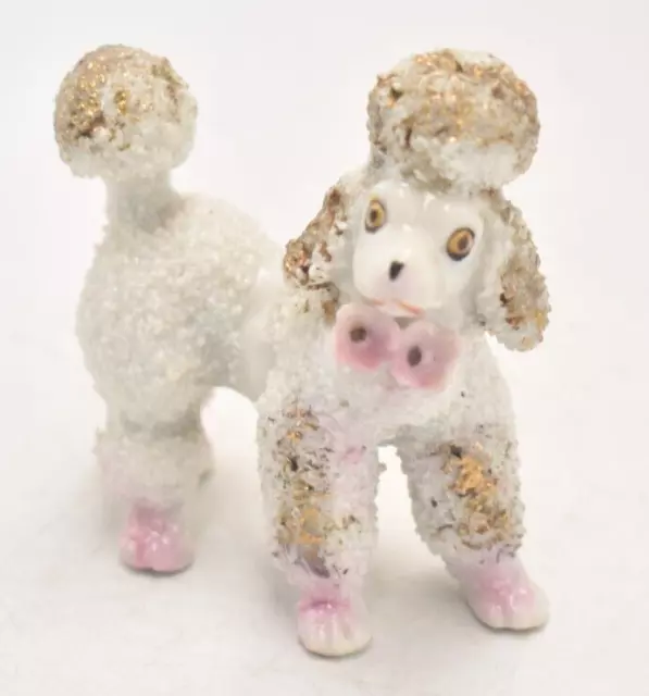 Vintage Spaghetti Poodle Dog Figurine Statue Ornament Pink and White