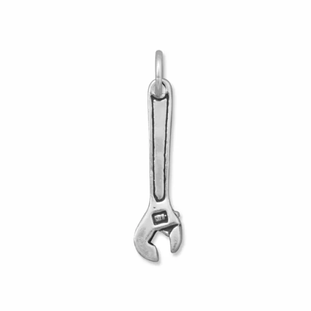 3D Wrench Charm Long Drop Pendant Men Bikers Neck Piece 14K White Gold Over 25mm