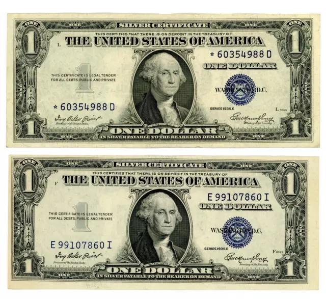 US Lot of 2 US $1 Silver Certificate Banknotes 1935 E & 1935 E Star Note