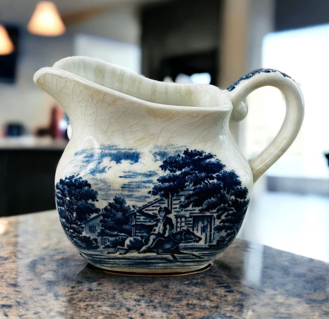 Liberty Blue Creamer Milk Pour VTG Historic Colonial Scenes Paul Revere England