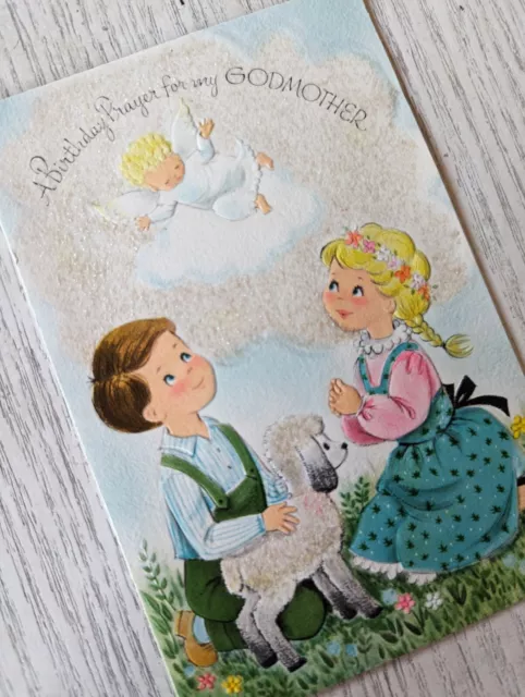 Vintage 1960's Prayer Religious Godmother Angel Cherub Lamb Greeting Card EB3628