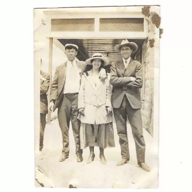 Two Men Posing With Woman Cowboy Hat Vintage 1920s Snapshot Photo
