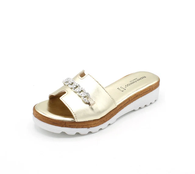 CIABATTE DA DONNA con zeppa in pelle eleganti brillantini pantofole estive oro EUR 43 90 PicClick IT
