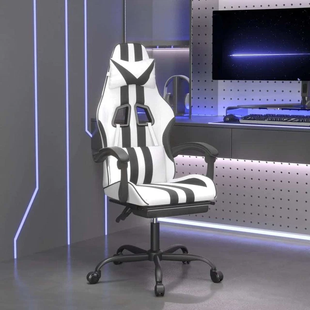 Swivel Gaming Chair with Footrest White&Black Faux Leather