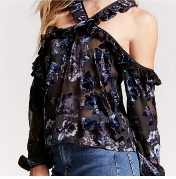 Womens Forever 21 Black and Floral Sheer Ruffle Cold Shoulder Top Size Medium