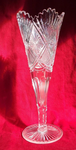 ABP American Brilliant Cut Glass Large Heavy Trumpet Vase 12” Star Fan