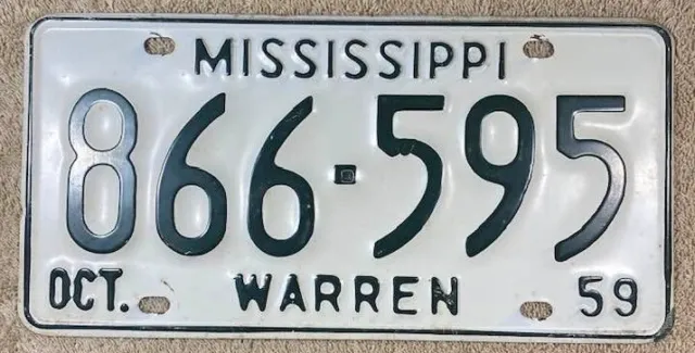 Mississippi License Plate 1959 Warren County 866-595 Vicksburg Vintage Tag