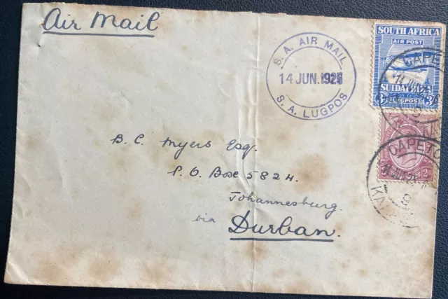 1925 Cape Town South Africa First Flight Airmail Cover To Durban