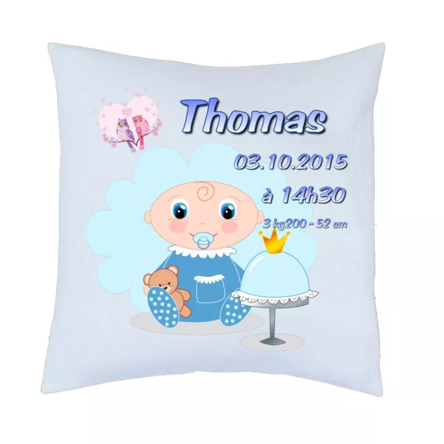 coussin de naissance garçon texte personnalisé avec texte et prénom réf 72