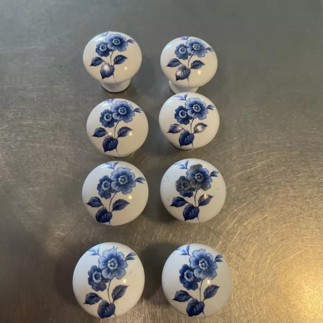 8 Piece Blue Flower Ceramic Knobs Pulls Cabinet Drawer 1970s Decor