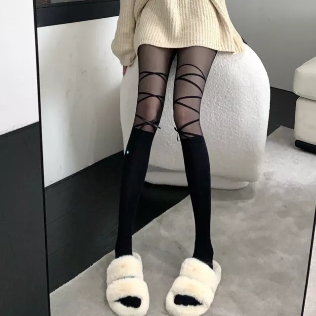 Japanese Type Fake Cross Bandage Print Fishnet Tights Womens Mesh Hollow Out