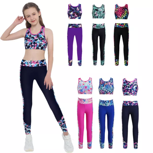 Girls Kids Tracksuit Dance Sports Crop Top Pants Set Workouts Activewear Costume