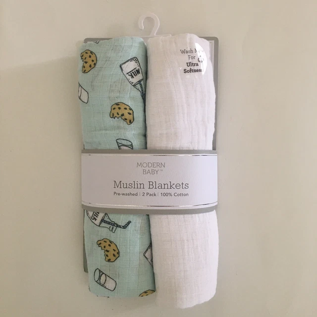 NEW Modern Baby 2 Baby Muslin Swaddle Blankets 100% Cotton Turquoise Blue White
