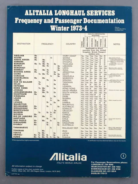 Alitalia Vintage Longhaul Services Frequency Airline Brochure Winter 1973/74