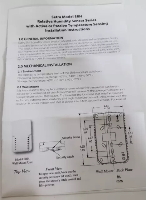 Setra SRH12PW11T0N SRH Relative Humidity Sensor Active/Passive 3