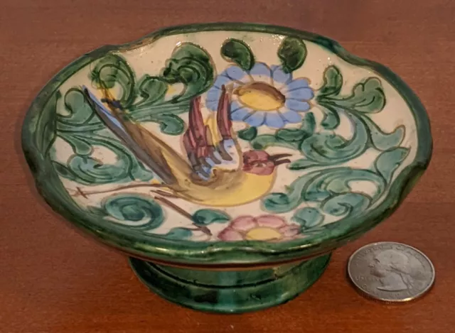 Vtg Sgraffito Italy Incised Majolica Art Pottery 4" D Compote Trinket Candy Dish