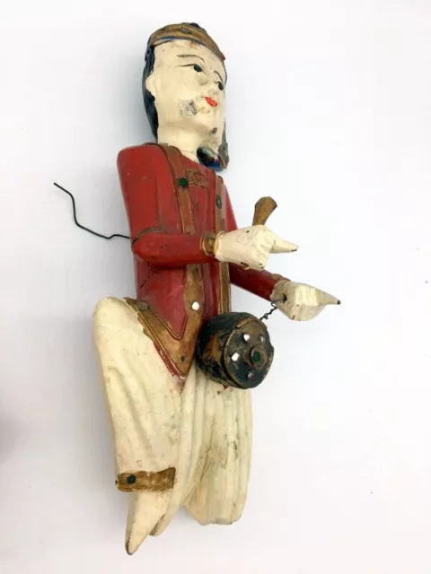 Set of 2 Burmese Painted Hand-Carved Wooden Temple Musician Figurines 10 inches 4