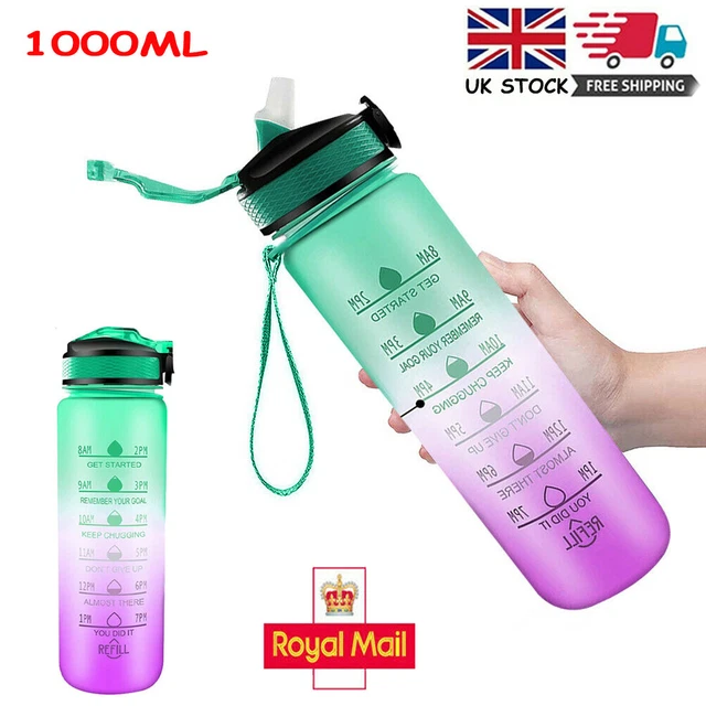 Water Bottle Sport Motivational 1L Extra Large w/Straw Time Mark Drinking Bottle